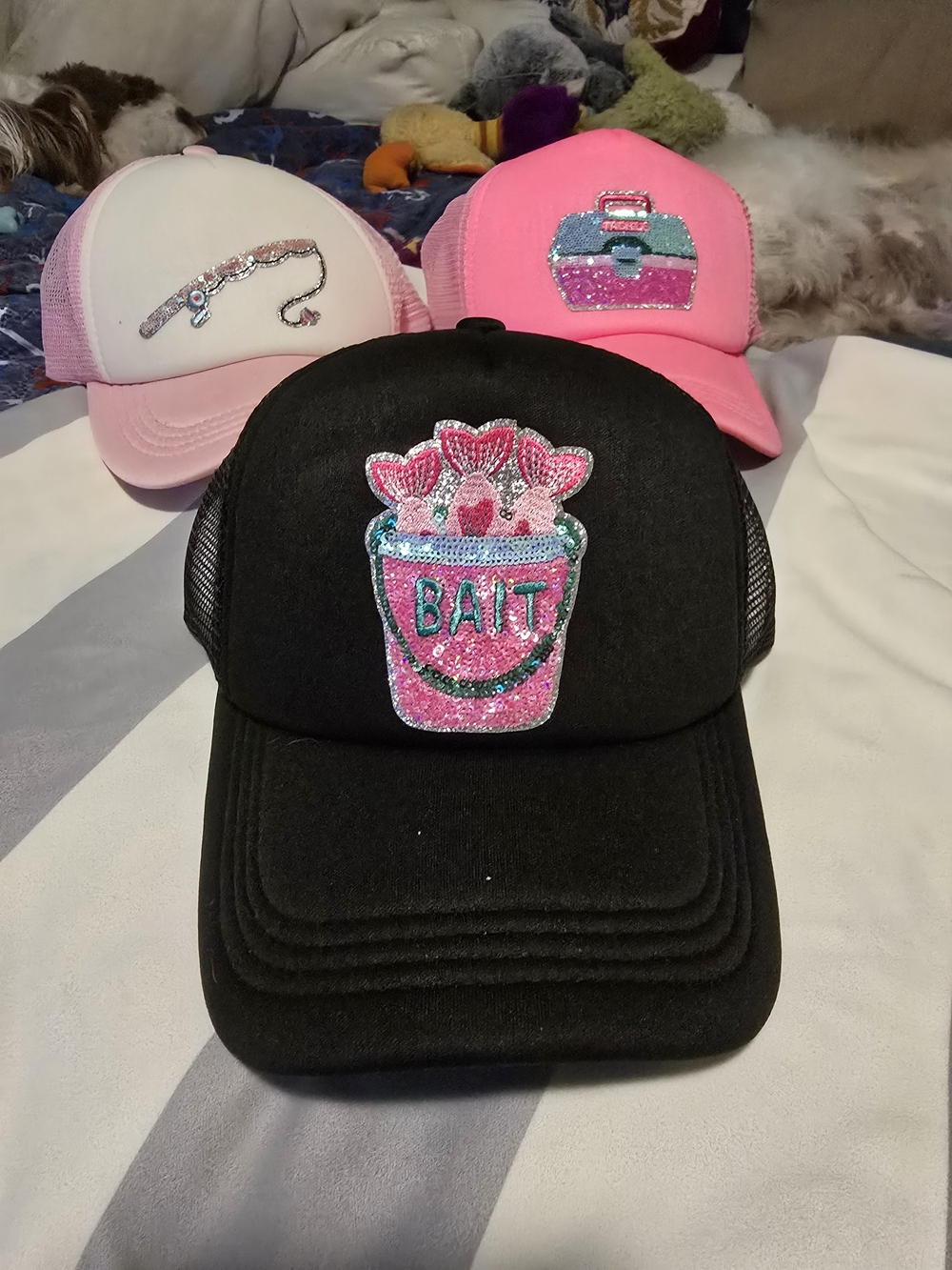 Black Trucker Hat with Pink Glitter "BAIT" Patch
